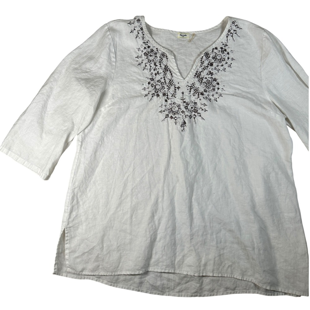 Symple NYC White 100% Linen Embroidered V-Neck Tunic Top Womens XL 3/4 Sleeve